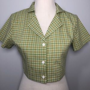 Romwe green plaid button up cropped blouse